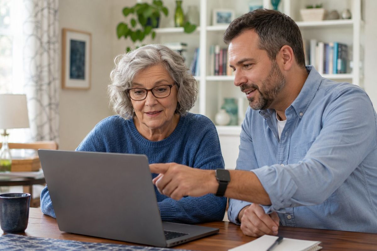 An older woman receiving patient computer help from a man at her laptop